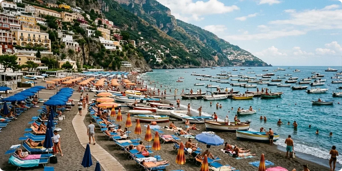Sun loungers and fishing boats on Spiaggia Grande beach in Positano