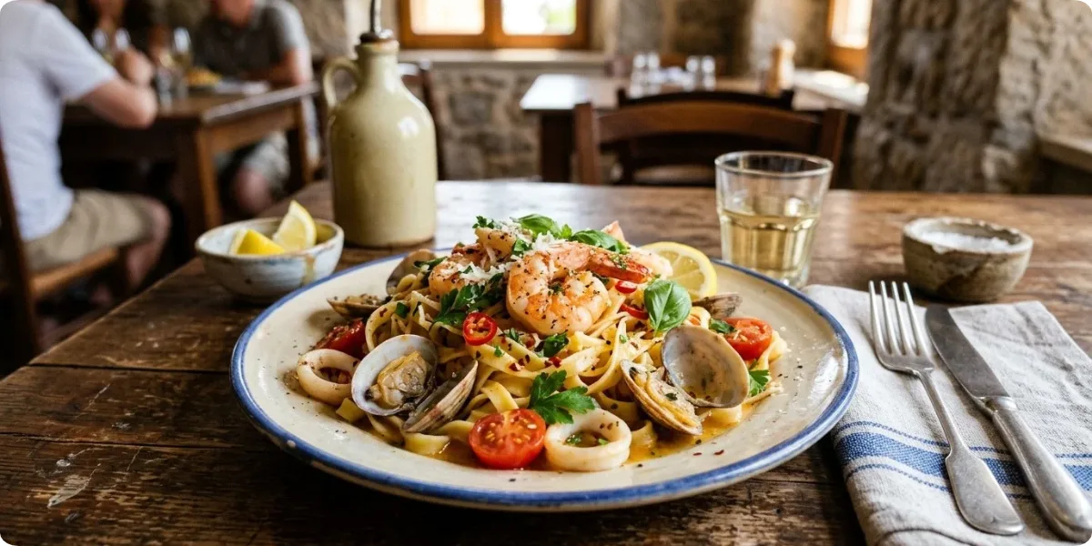 Plate of spaghetti alle vongole served in Positano