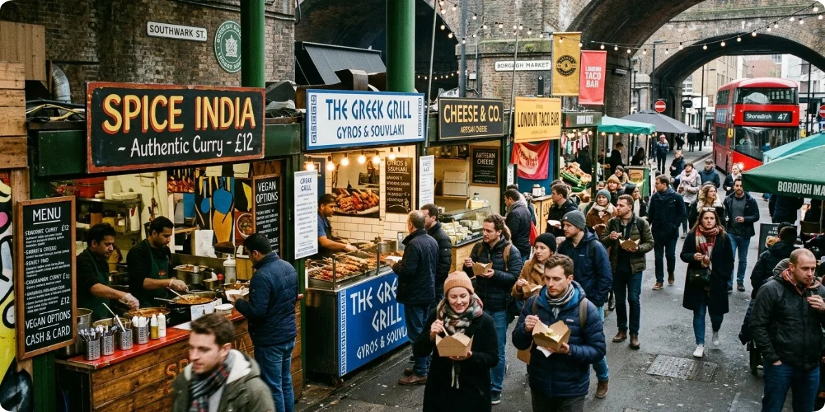 Food stalls at Borough Market in London