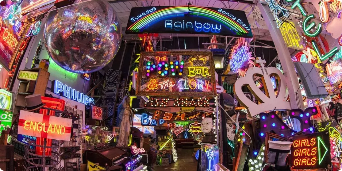 Colorful vintage neon signs at God's Own Junkyard in London