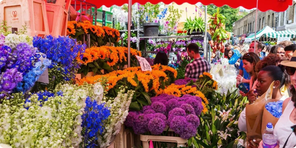 Colorful flower stalls at Columbia Road Flower Market in London