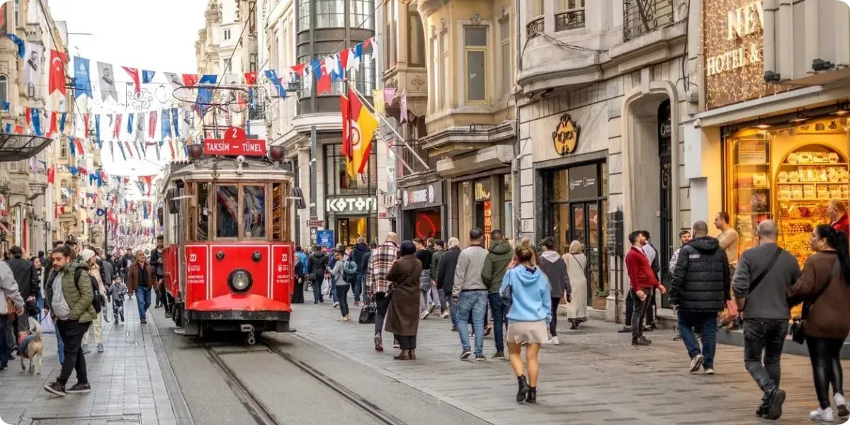 Beyoğlu neighborhood in Istanbul with Istiklal Street and its historic tram