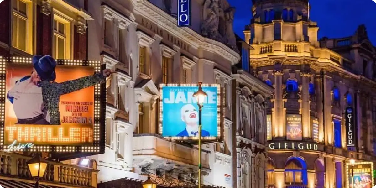 West End theatre district lit up at night in London