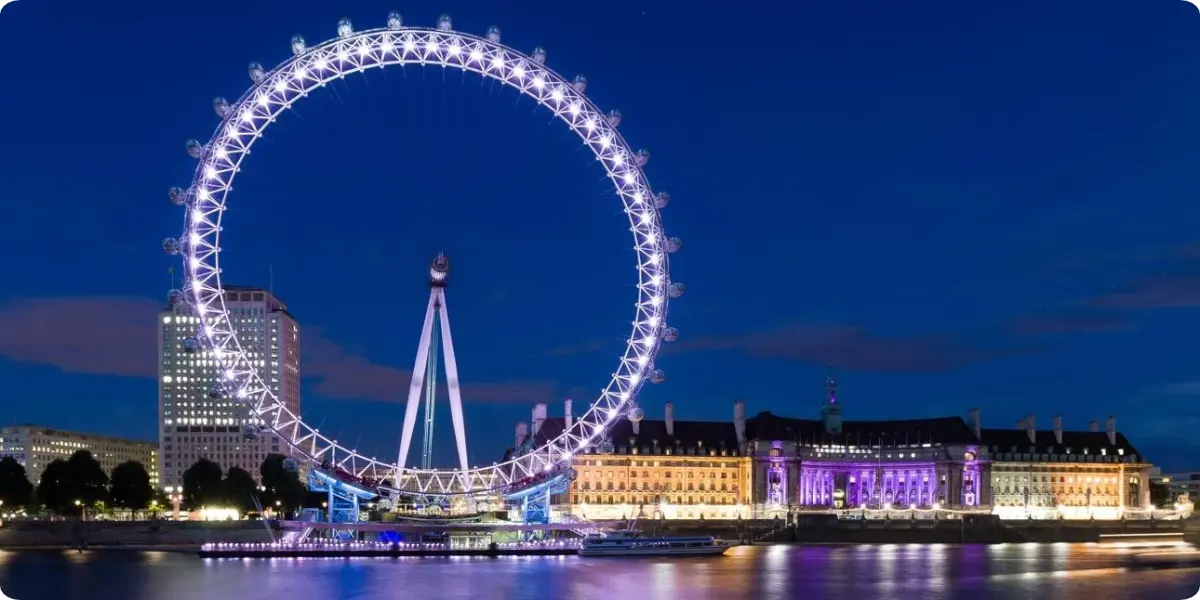 London Eye illuminated at night beside the River Thames