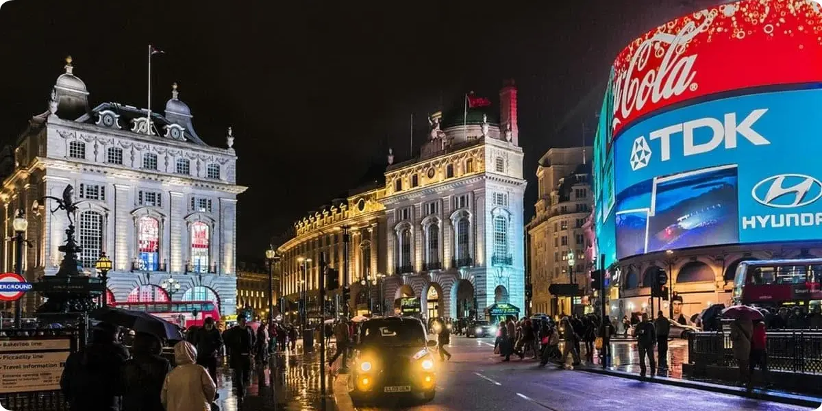 Bright digital billboards and lively streets at Piccadilly Circus at night