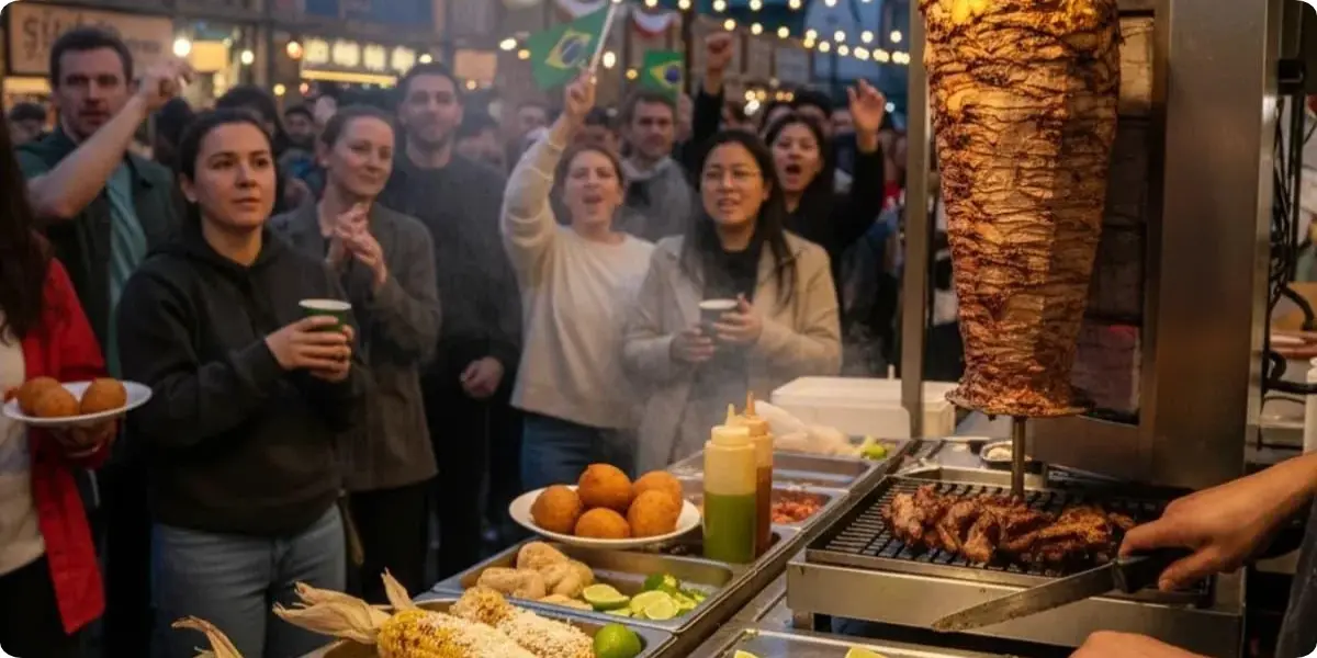 Evening street food stalls in London with visitors enjoying local food