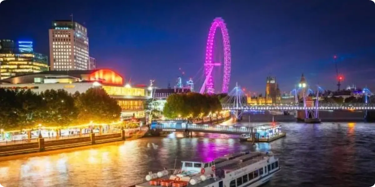 Illuminated London skyline viewed from the South Bank at night