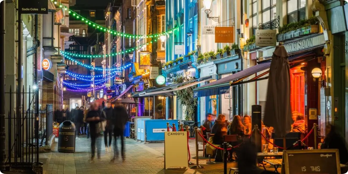Busy Soho streets with restaurants and nightlife in London at night