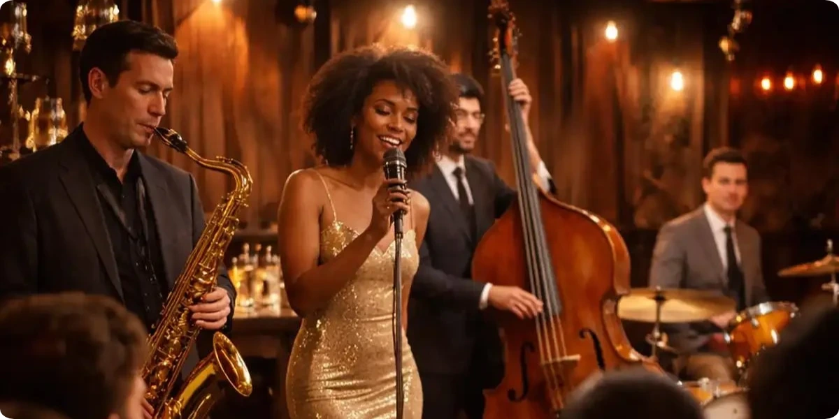 Live jazz performance inside a London music venue at night