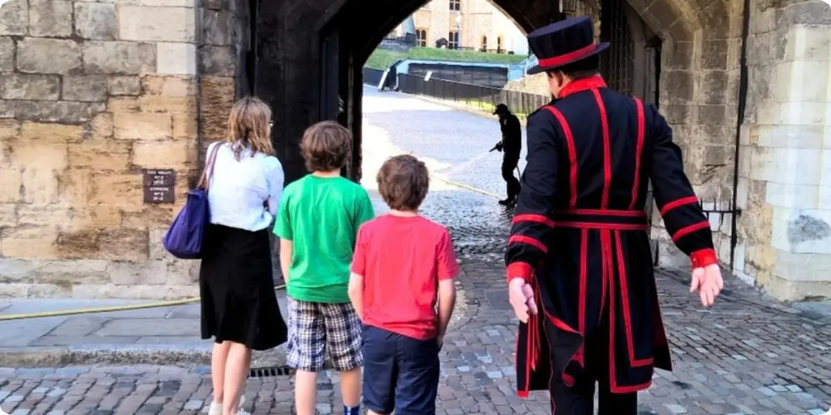 Historic Tower of London fortress visited by families with children.
