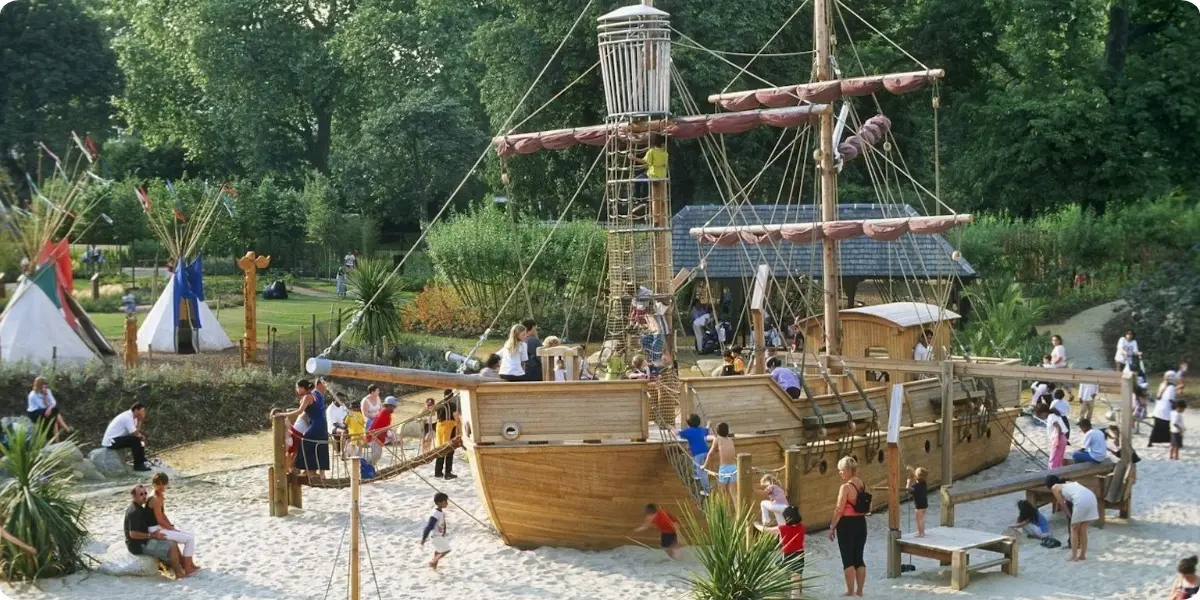Wooden pirate ship play area at Diana Memorial Playground in Kensington Gardens.