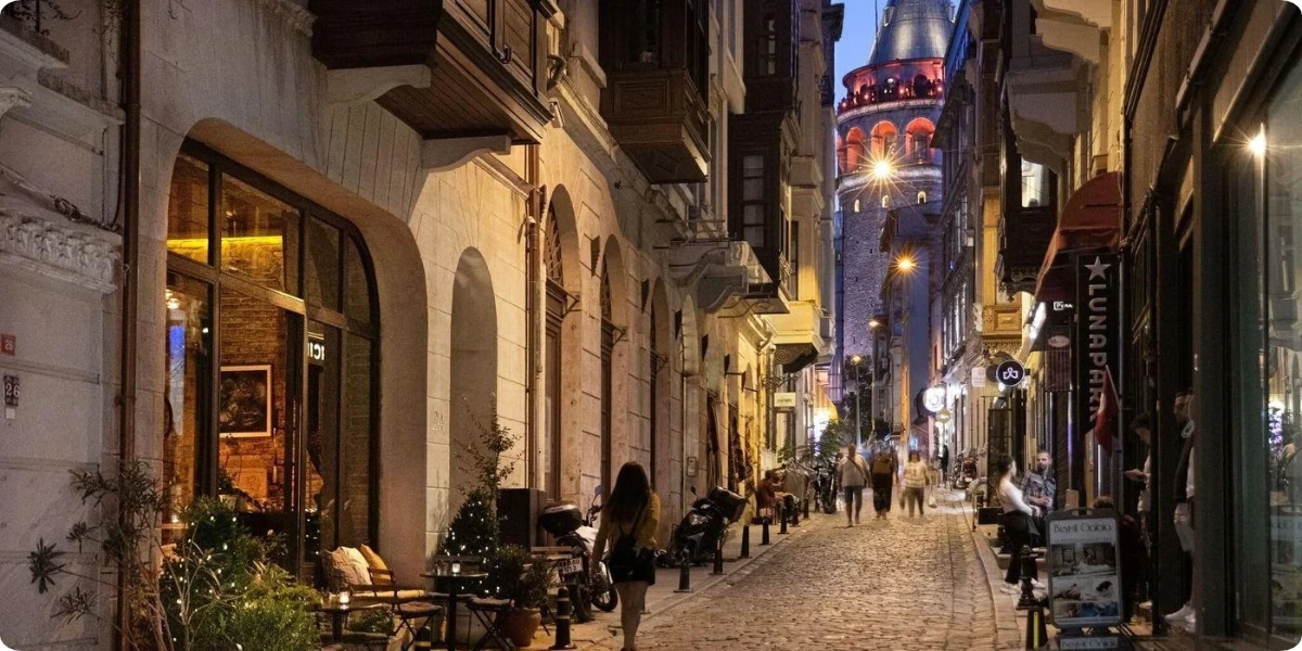 Historic Galata streets and Galata Tower in Istanbul.