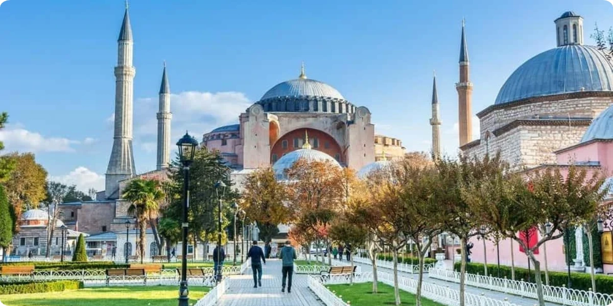 Historic landmarks and mosque architecture in Sultanahmet, Istanbul.