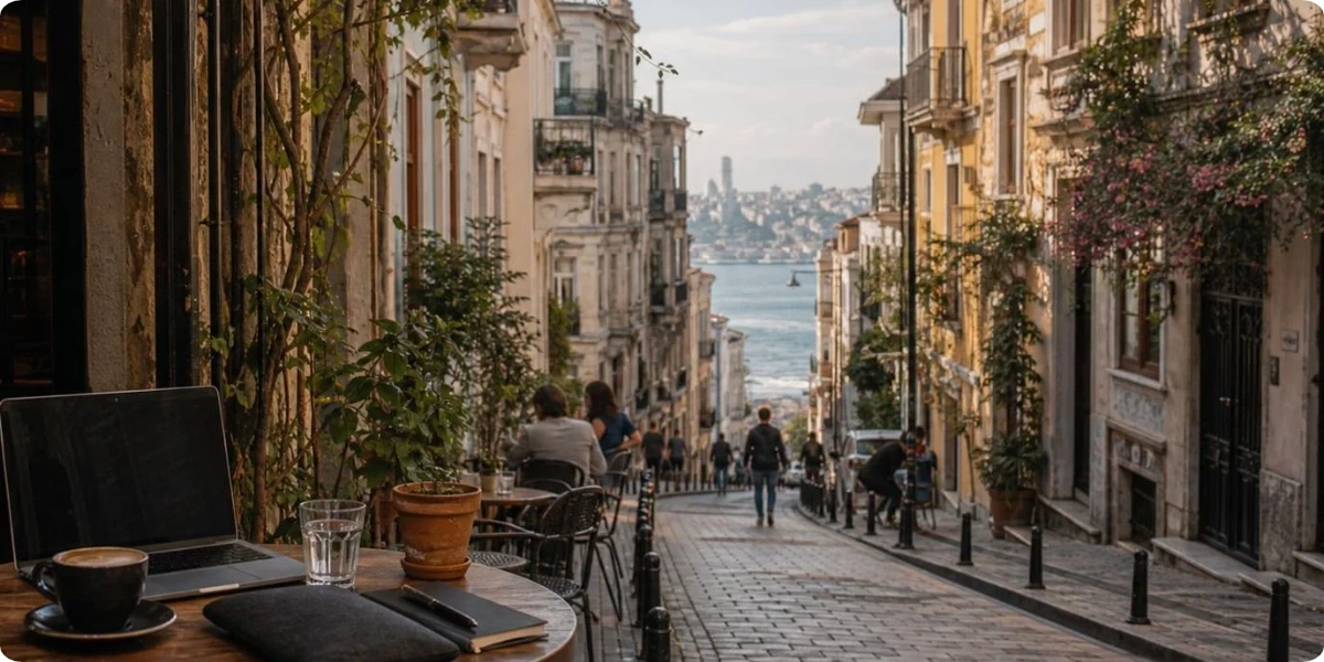 Relaxed hillside streets and cafés in Cihangir, Istanbul.