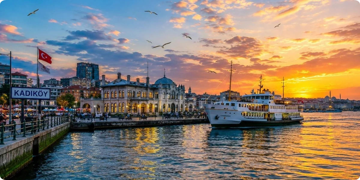 Ferry waterfront and neighborhood streets in Kadıköy, Istanbul.