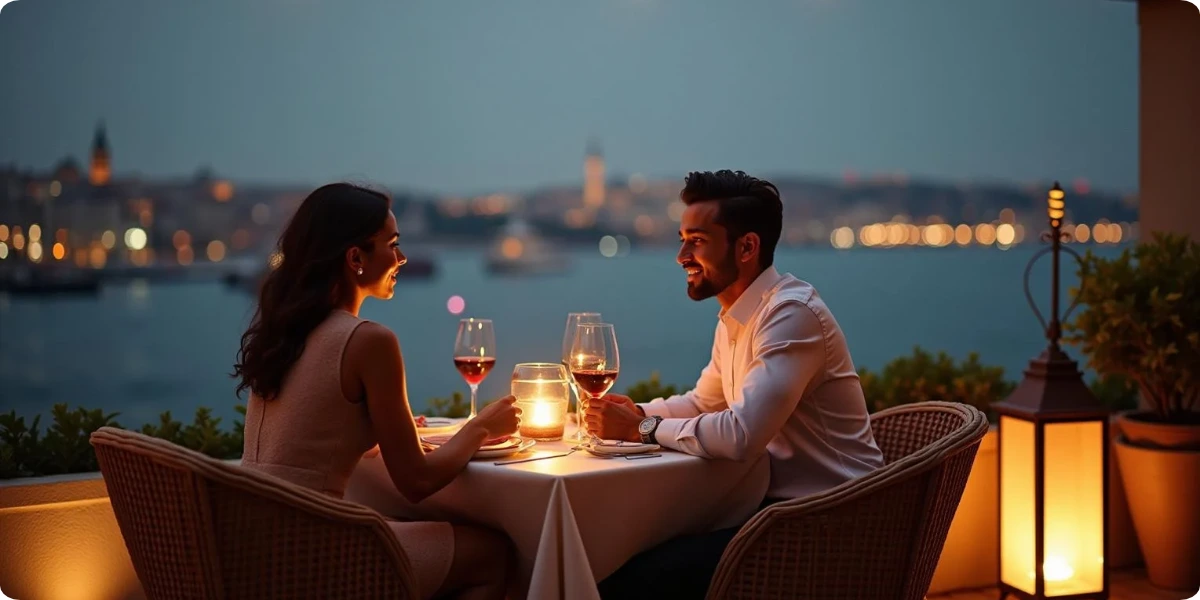 Couple enjoying a rooftop dinner overlooking the Istanbul skyline.