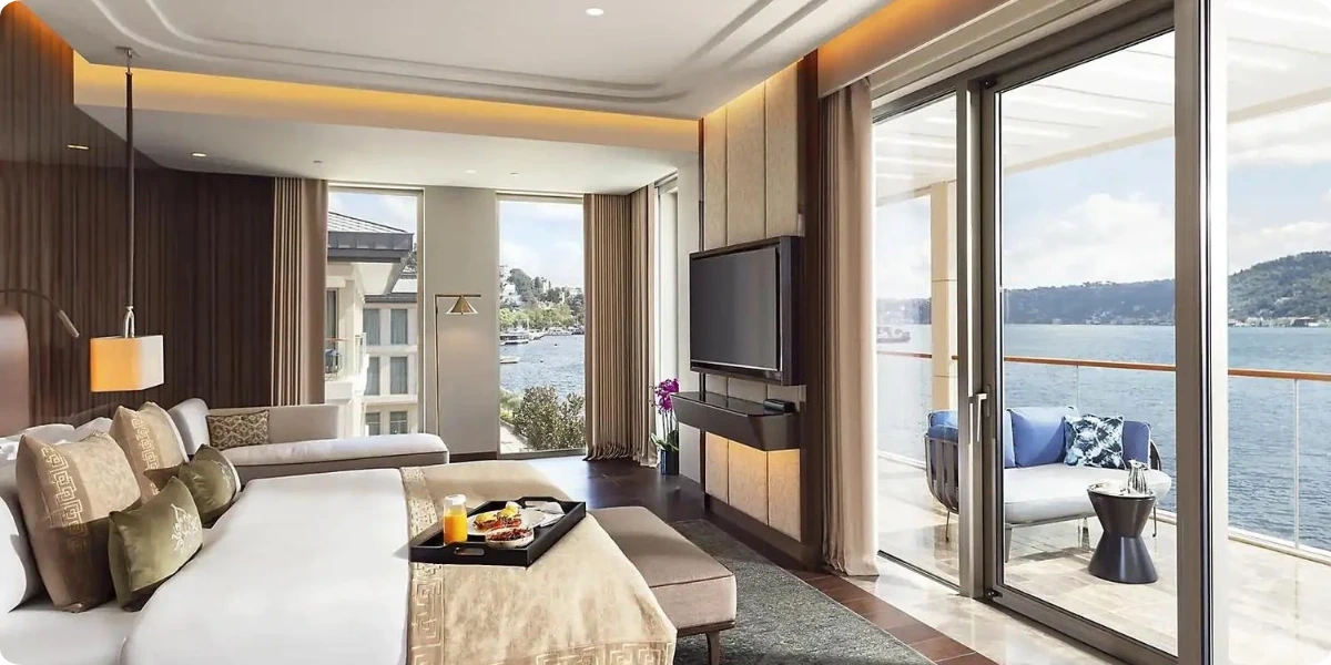 Hotel room with a balcony overlooking the Bosphorus in Istanbul.
