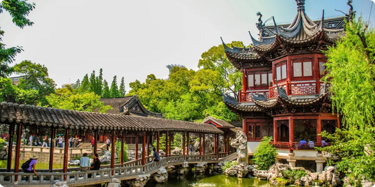 Traditional pavilions and pond at Yu Garden in Shanghai